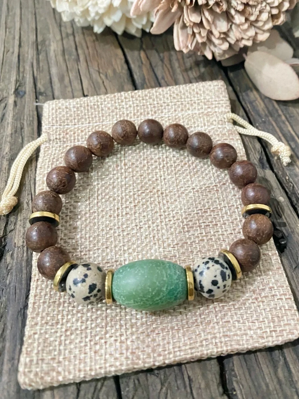Sandalwood & Jasper Bead Stretch Bracelet with Gold & Big Glass Accent